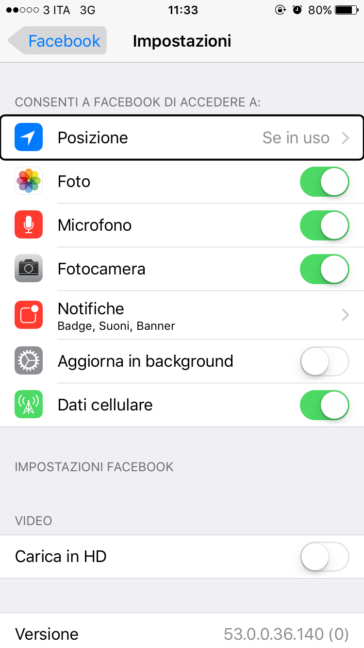 Immagine della schermata impostazioni facebook su iphone