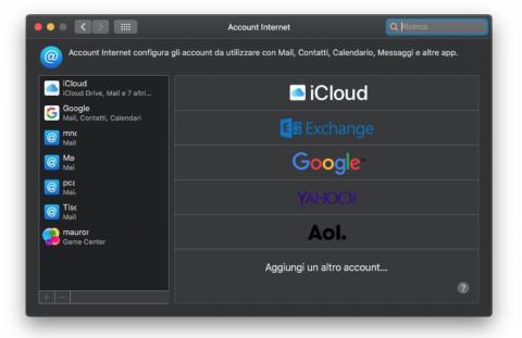 immagine della schermata degli account internet in preferenze di sistema per MacOS 10.14 Mojave