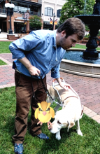 Immagine di un non vedente alla ricerca di pokemon con il suo cane guida